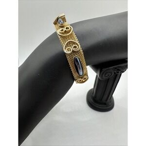 Vintage 1960's Gold Tone Mesh Black Onyx Watch Buckle Style Statement Bracelet